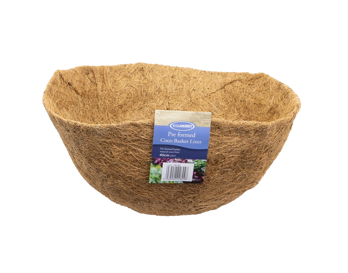 16&quot; Preformed Coco Basket Liner for round hanging baskets, natural coco fiber, optimal moisture retention, and drainage.