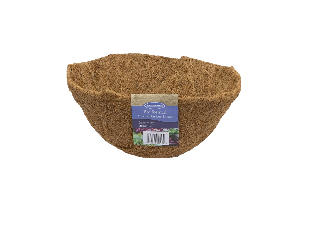 12-inch preformed coco basket liner for round hanging baskets, made from natural coco fibers for optimal moisture retention and drainage.