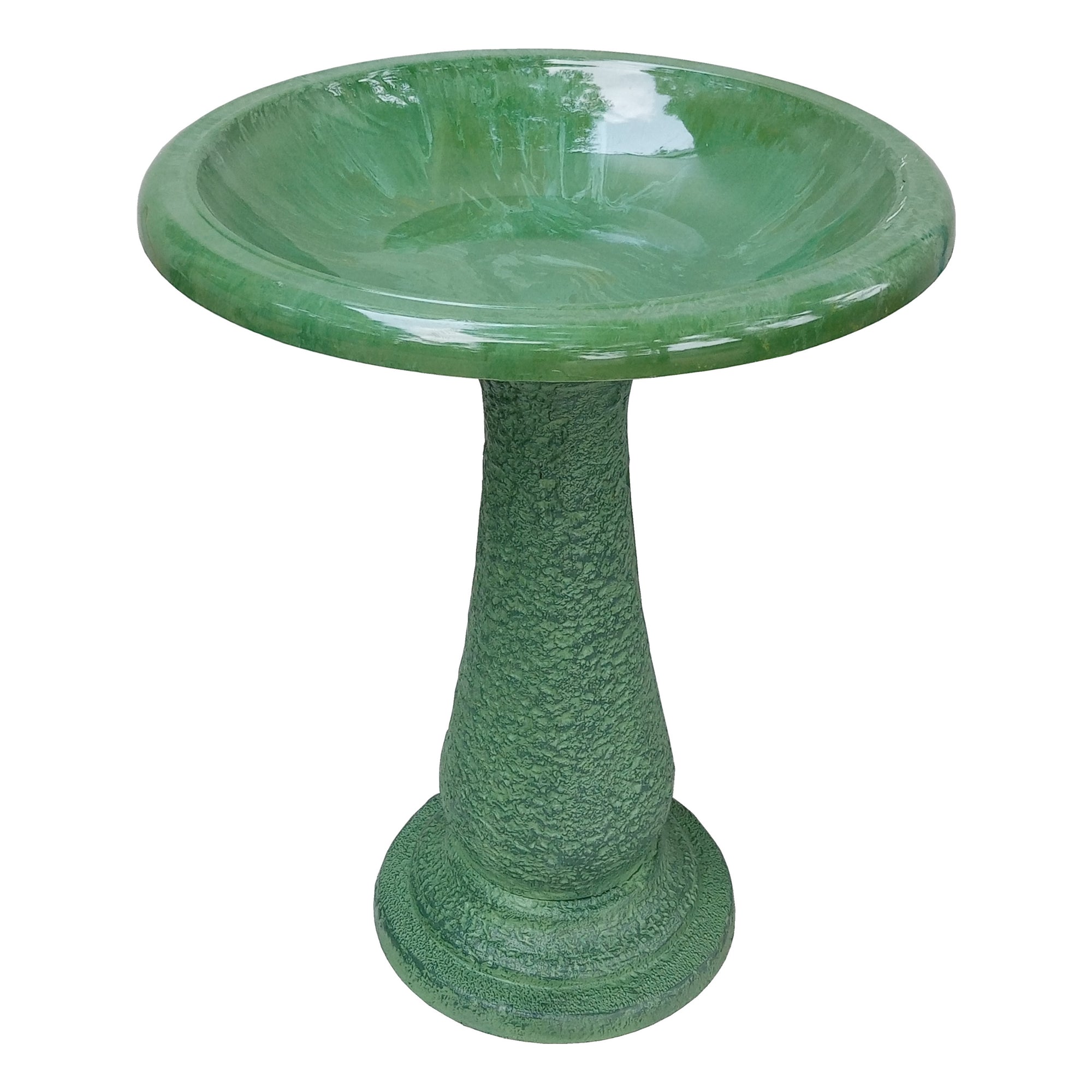 Kale Green Fiber Clay Birdbath. Made of 70% clay, 25% plastic, and 5% fiber. Impact and shatter-resistant. UV protection. 19"D x 24"H 21"H base, 8 lbs.