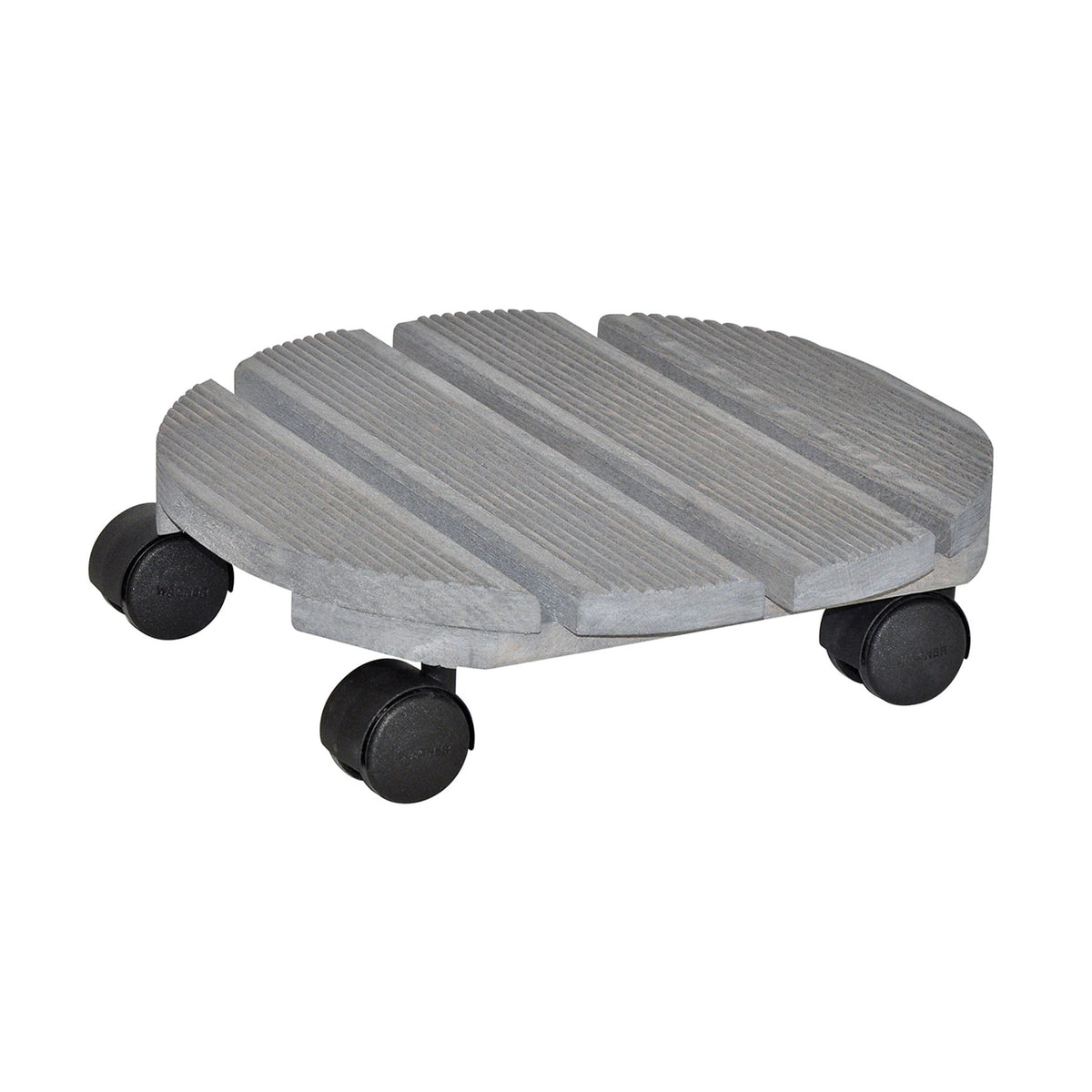 Gray round ribbed plant caddy. Made of beech wood. 220 lbs. capacity. 11.4&quot;D x 3.5&quot;H, 2.3 lbs.
