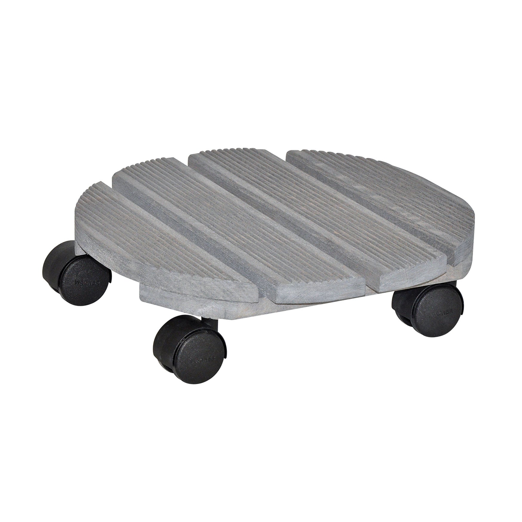 Gray round ribbed plant caddy. Made of beech wood. 220 lbs. capacity. 11.4"D x 3.5"H, 2.3 lbs.