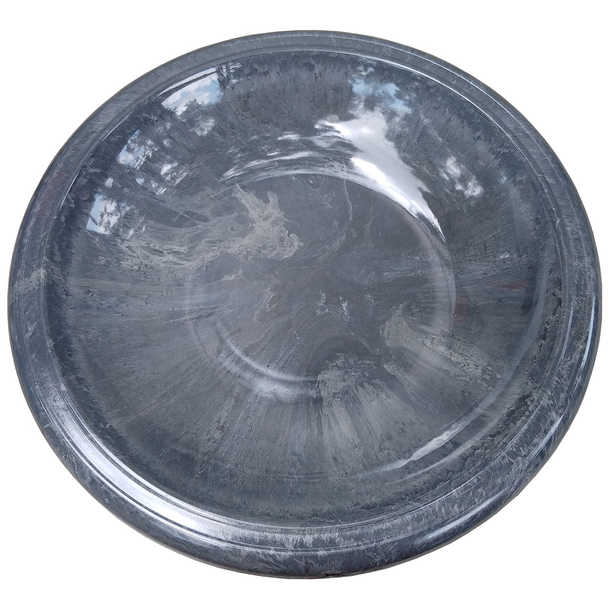 Dia Cool Gray Fiber Clay Birdbath Bowl. Made of clay, plastic, and fiber. Impact and shatter-resistant. UV protection. 19"D, 5 lbs.