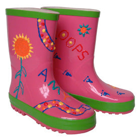 Little Pals Paint Your Own Wellies Rain Boots, Pink with Green Trim, Kids US Size 9.5
