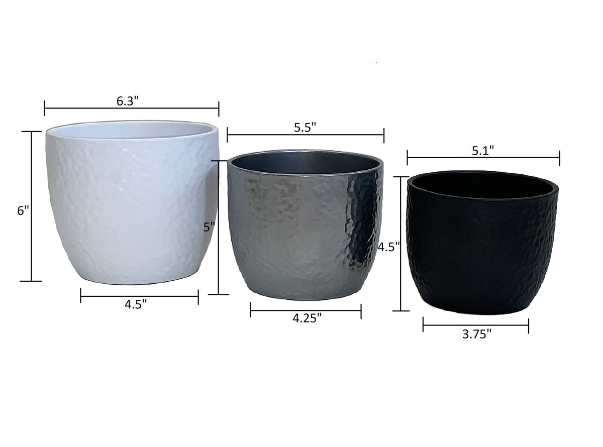 6.3&quot; White 5.5&quot; Silver 5.1&quot; Anthracite 3 Piece Set of Ceramic Boston Pots