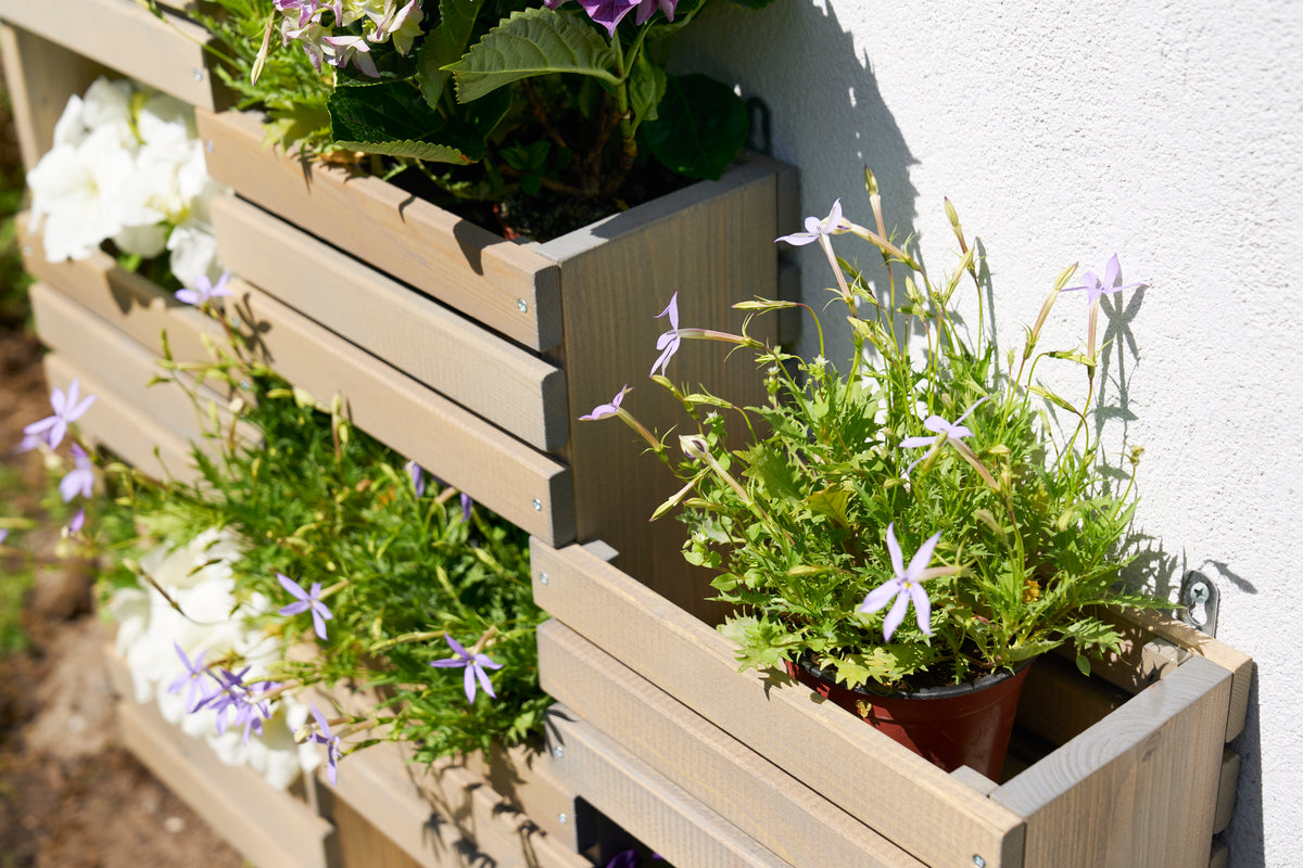 Tiered wooden hanging garden wall planter with plants in a sunny outdoor setting.