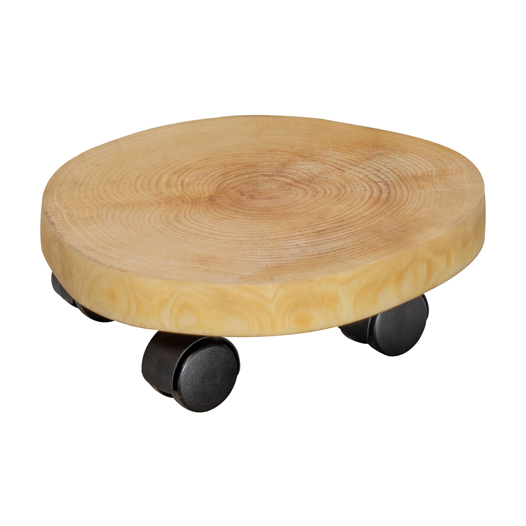 10" natural birch round wooden plant caddy. 110 lbs. capacity. 9.8-11.8"D x 3.25"H 2.5 lbs.