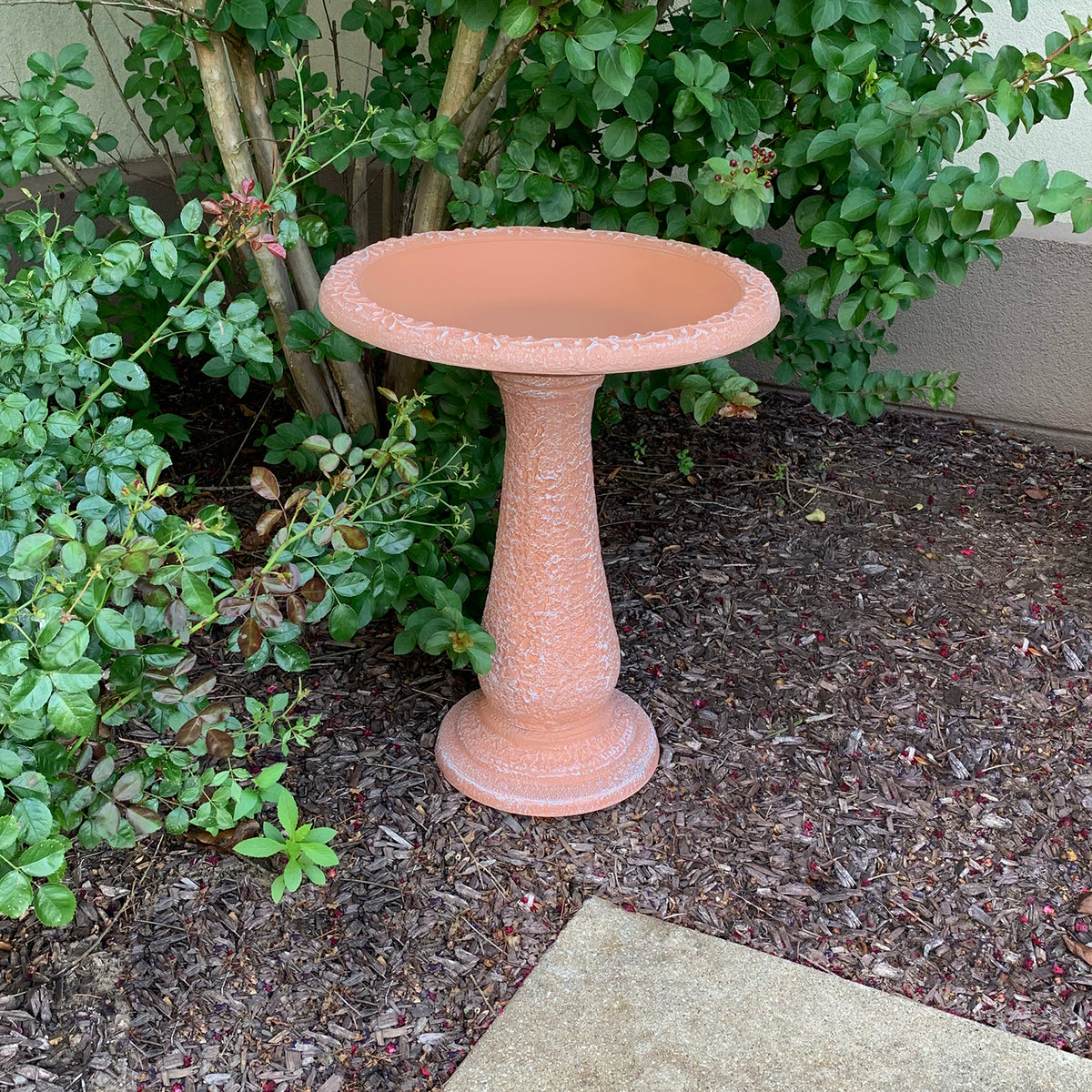 Terra Cotta Fiber Clay Birdbath. Made of 70% clay, 25% plastic, and 5% fiber. Impact and shatter-resistant. UV protection. 19&quot;D x 24&quot;H 21&quot;H base, 8 lbs.