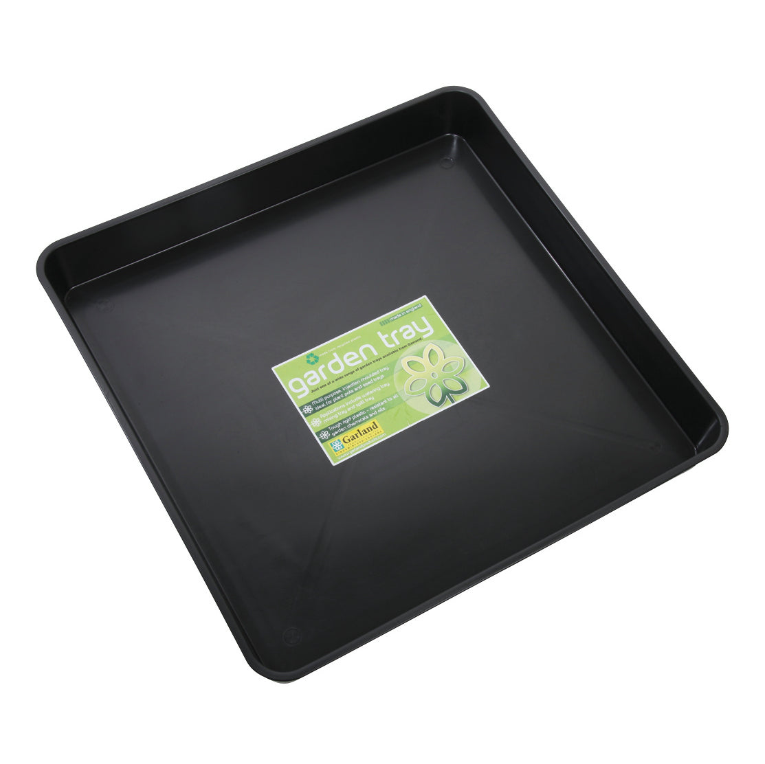Black Square Garden Tray. Made of recycled polypropylene. 23"L x 23"W x 3"H, 3.5lbs.