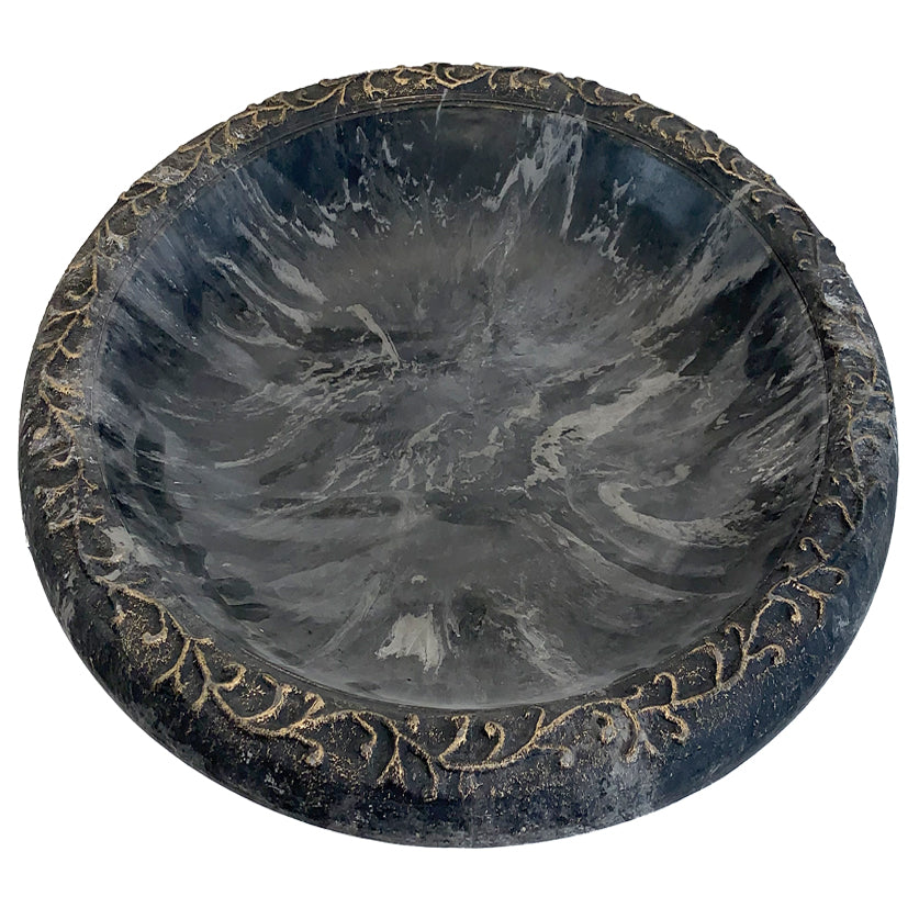 Dia Charcoal Sand Fiber Clay Birdbath Bowl. Made of clay, plastic, and fiber. Impact and shatter-resistant. UV protection. 19"D, 5 lbs.