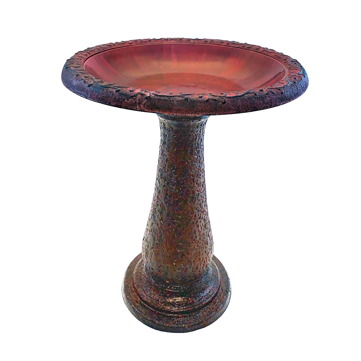 Red/Charcoal Fiber Clay Birdbath. Made of 70% clay, 25% plastic, and 5% fiber. Impact and shatter-resistant. UV protection. 19"D x 24"H 21"H base, 8 lbs.