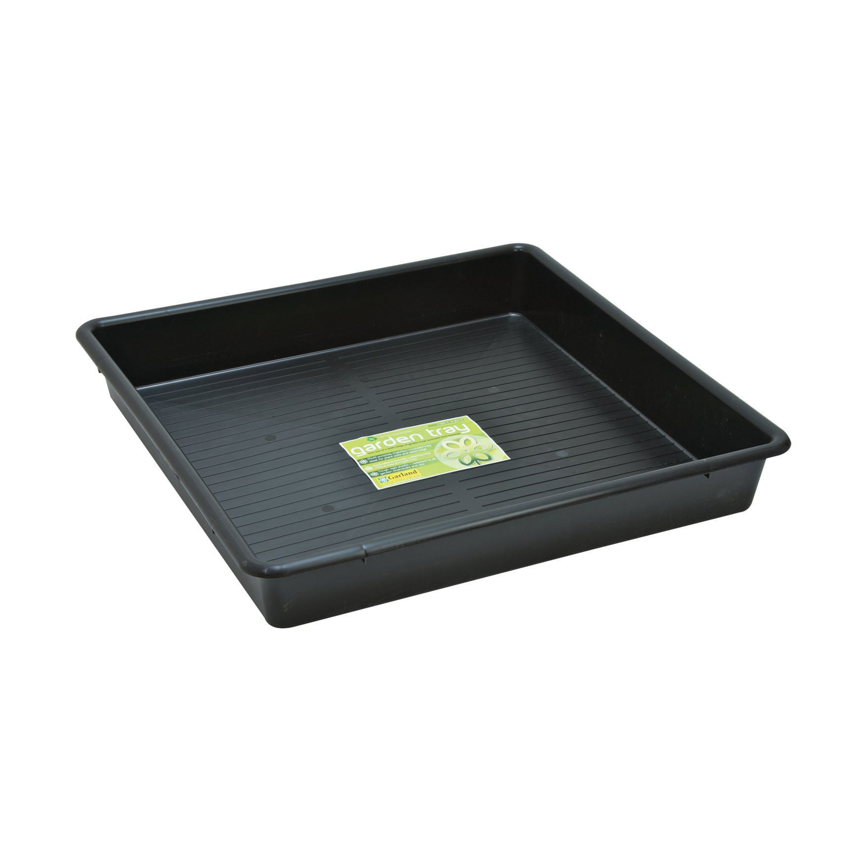  Black Square Garden Tray. Made from recycled polypropylene. 20 gallon capacity. 32"L x 32"W x 5"H, 5.5lbs.