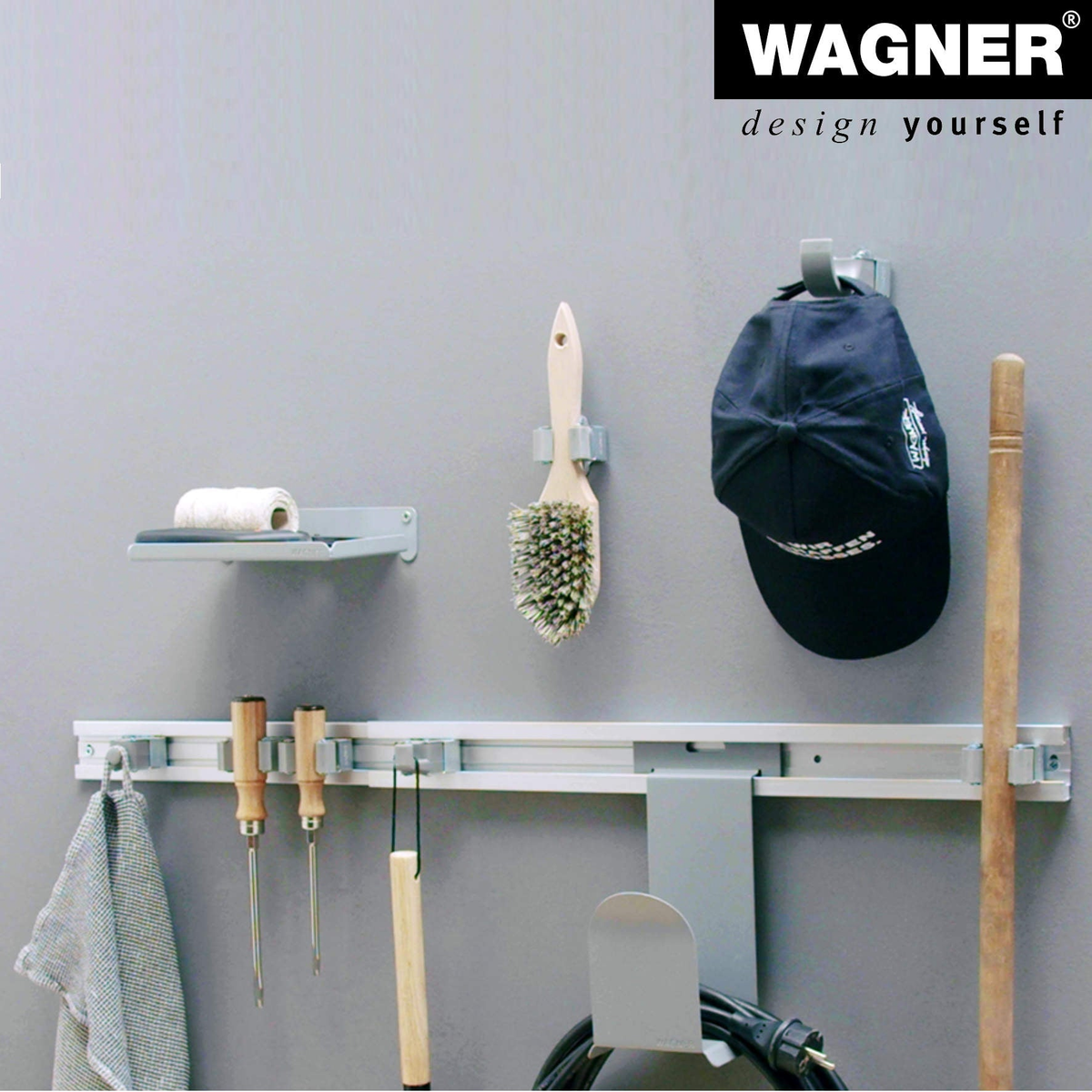 Garage garden tool storage organizer system with big silver hook by WAGNER.