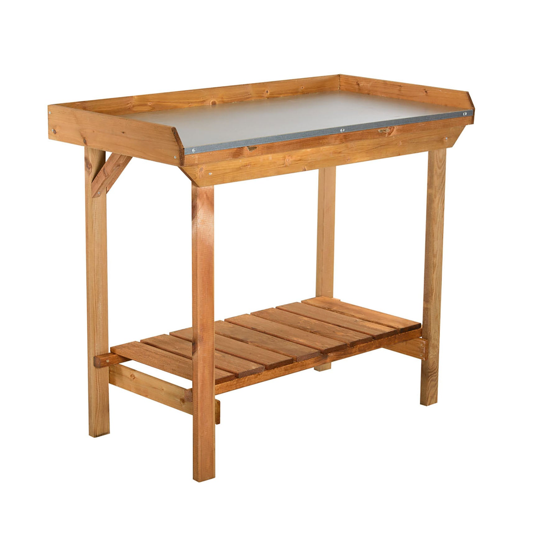 Gardener's wooden potting table bench with tin surface, FSC-certified pine and spruce, bottom shelf, 42.5"L x 20.5"W x 36.2"H.