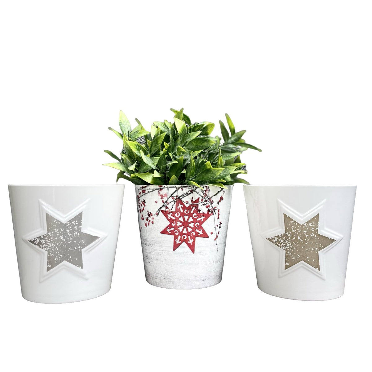 3-Piece Holiday Indoor Ceramic Plant Pot Set, 5.5&quot; Dia., Silver Star, Gold Star, Red Star Design