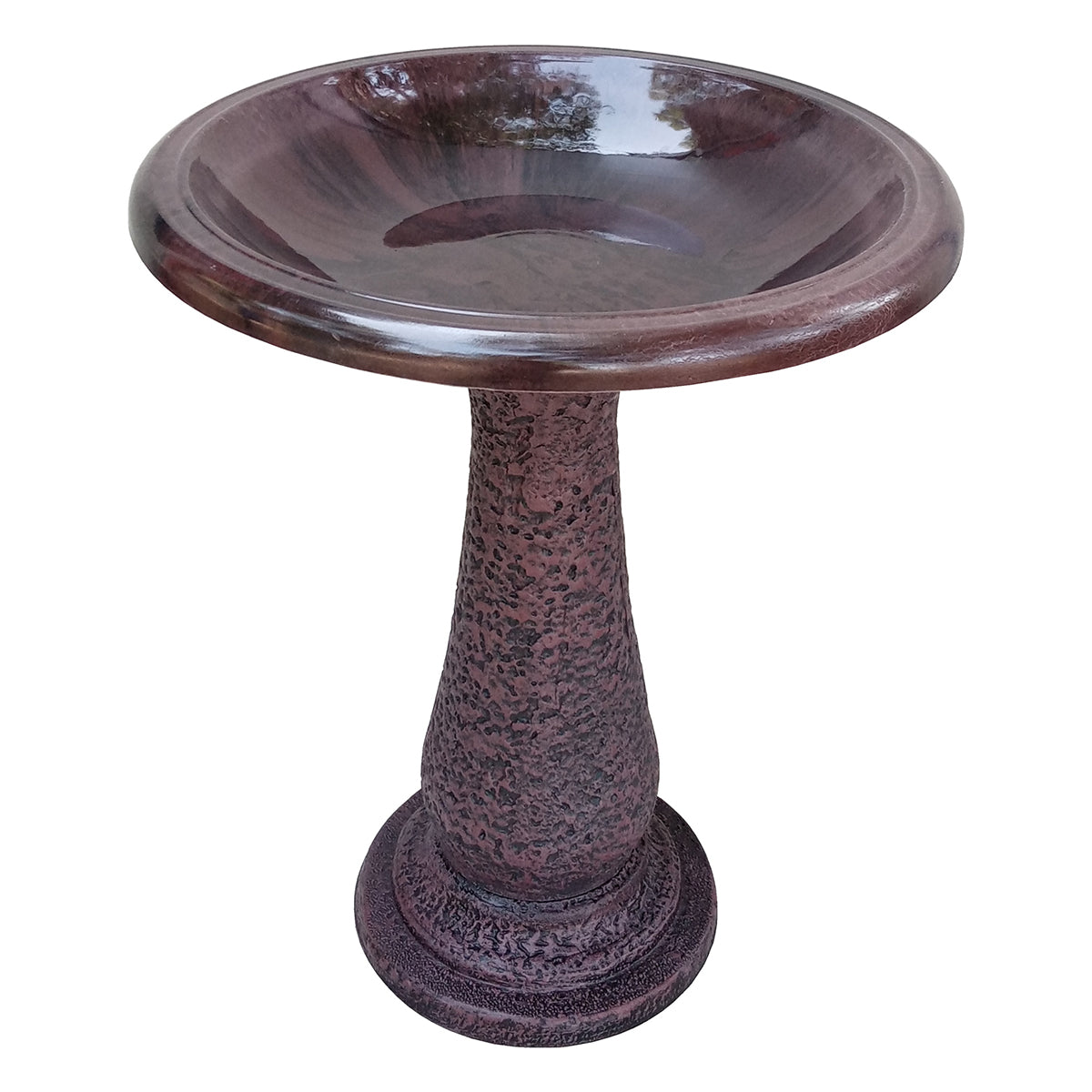 Antique Brown Fiber Clay Birdbath. Made of 70% clay, 25% plastic, and 5% fiber. Impact and shatter-resistant. UV protection. 19&quot;D x 24&quot;H 21&quot;H base, 8 lbs.