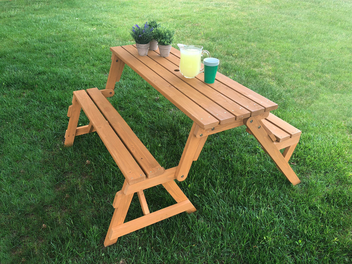 2 in 1 Picnic Table / Bench. Made of Canadian Hemlock hardwood. Picnic Table Overall Dimensions 54.25&quot;L X 58&quot;W X 30&quot; H Seats: 51&quot;L X 7.5&quot;W X 19&quot;H&#39; Top of Table: 54.25&quot;L X 19&quot;W Bench Overall Dimensions: 54.25&quot;L X 28&quot;W X 33&quot;H Seats: 51&quot;L X 18.5&quot;W X 19&quot;H Pack: 57.6&quot;L x 23.2&quot;W x 6.3&quot;H, 44lbs.