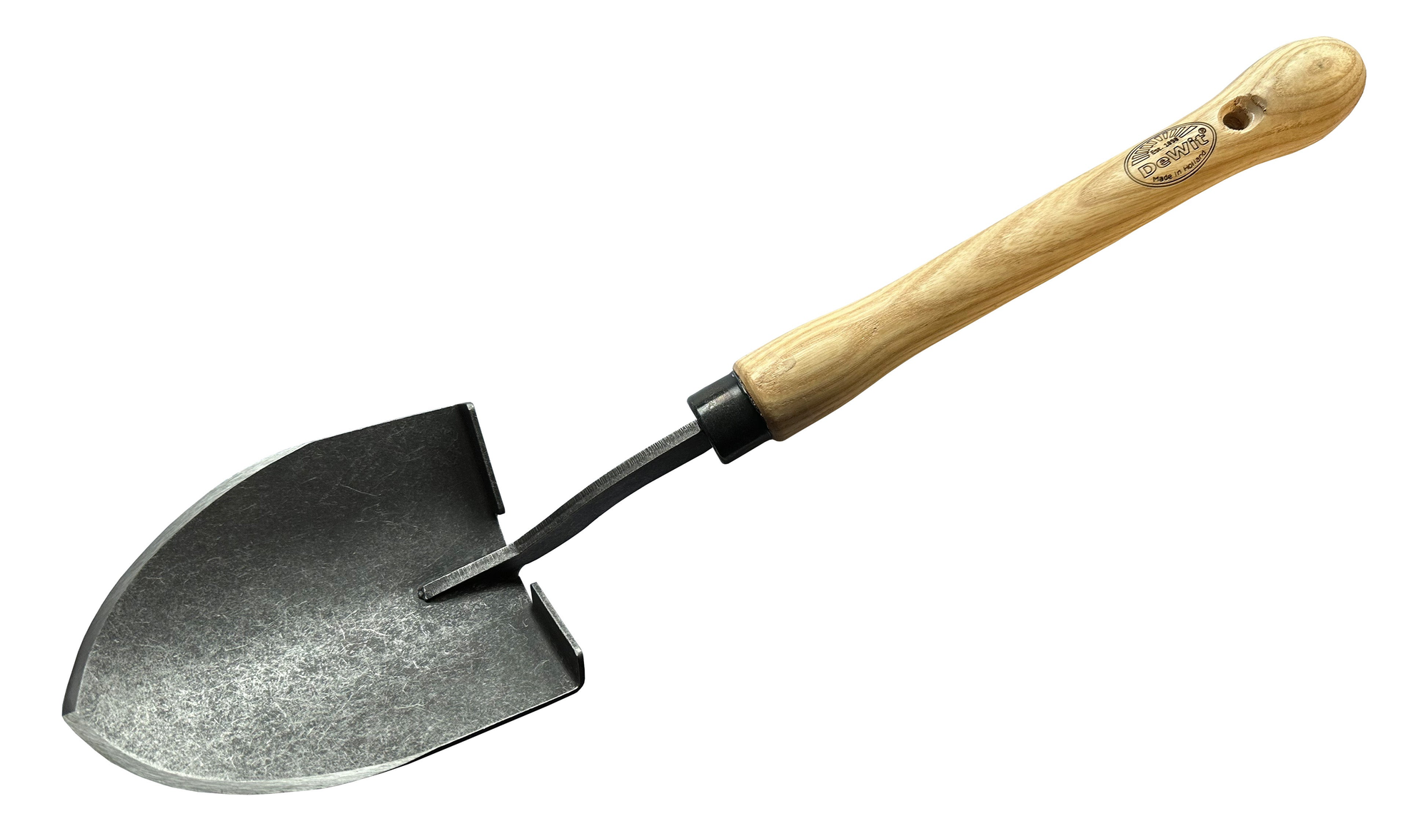 DeWit American Shovel with midsize 10-inch handle and steel pattern head, 18 inches total length.