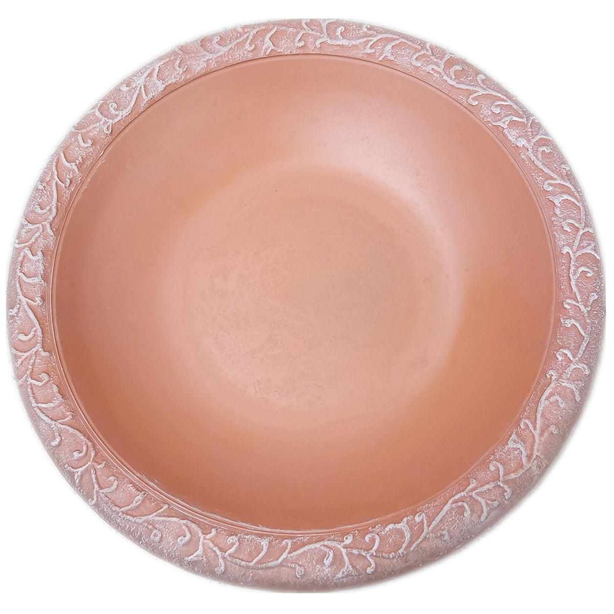 Dia Terra Cotta Fiber Clay Birdbath Bowl. Made of clay, plastic, and fiber. Impact and shatter-resistant. UV protection. 19&quot;D, 5 lbs.