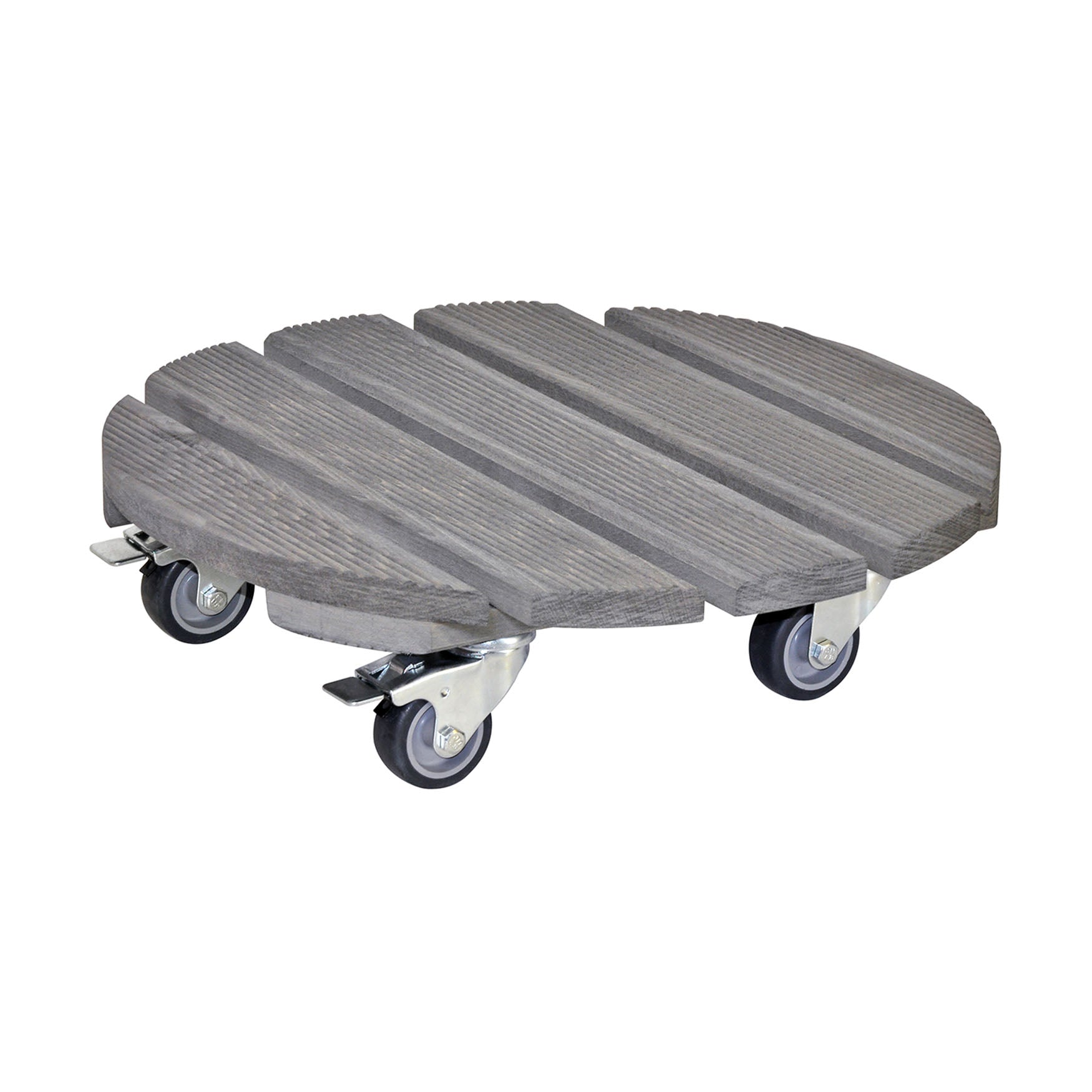Gray Round Ribbed Plant Caddy with brakes. Made of beech wood. 441 lbs capacity. 15"D x 4"H 4.2 lbs.