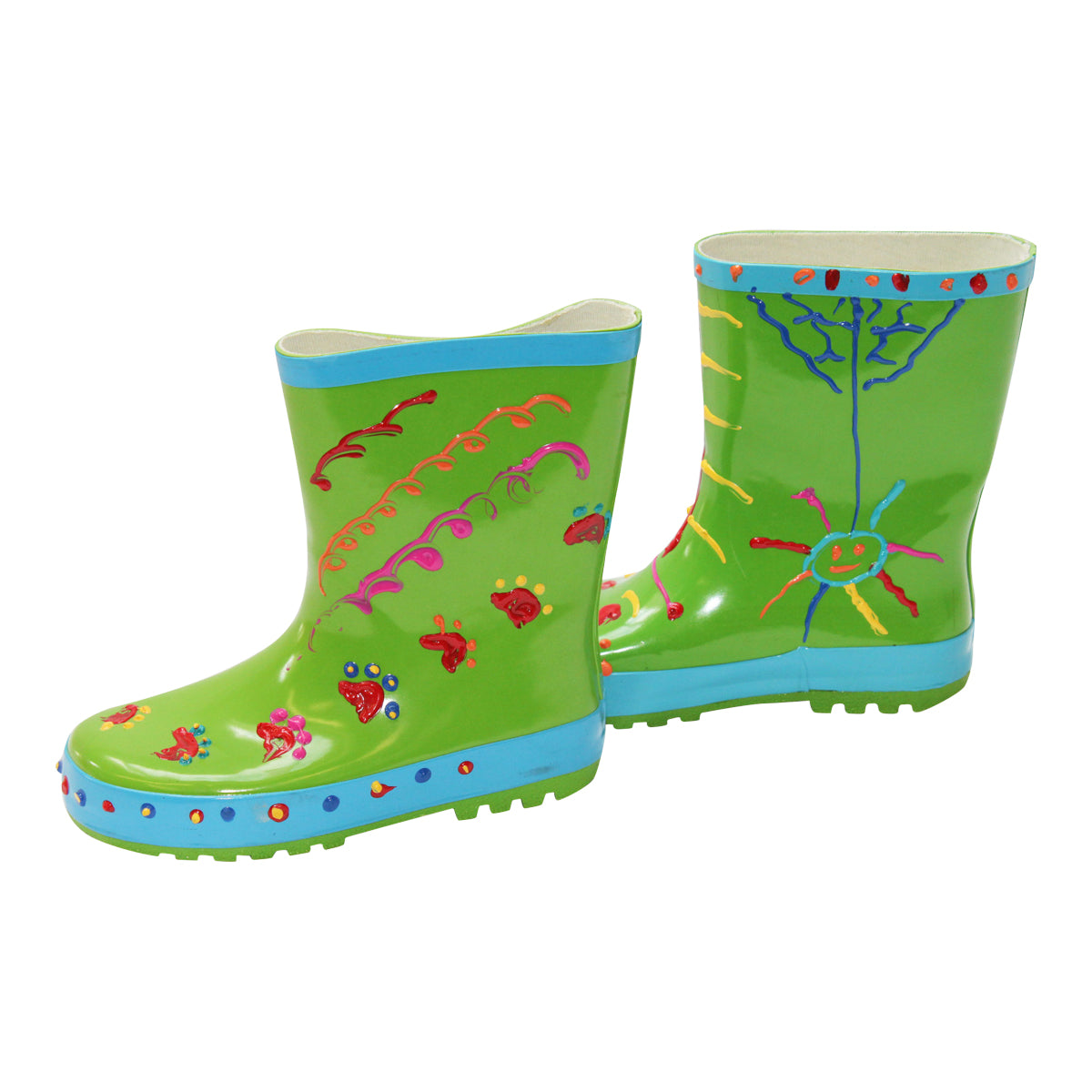 Little Pals Paint Your Own Wellies Rain Boots Green with Blue Trim Kids US Size 11.5