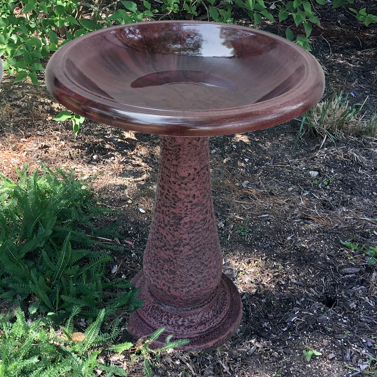 Antique Brown Fiber Clay Birdbath. Made of 70% clay, 25% plastic, and 5% fiber. Impact and shatter-resistant. UV protection. 19&quot;D x 24&quot;H 21&quot;H base, 8 lbs.