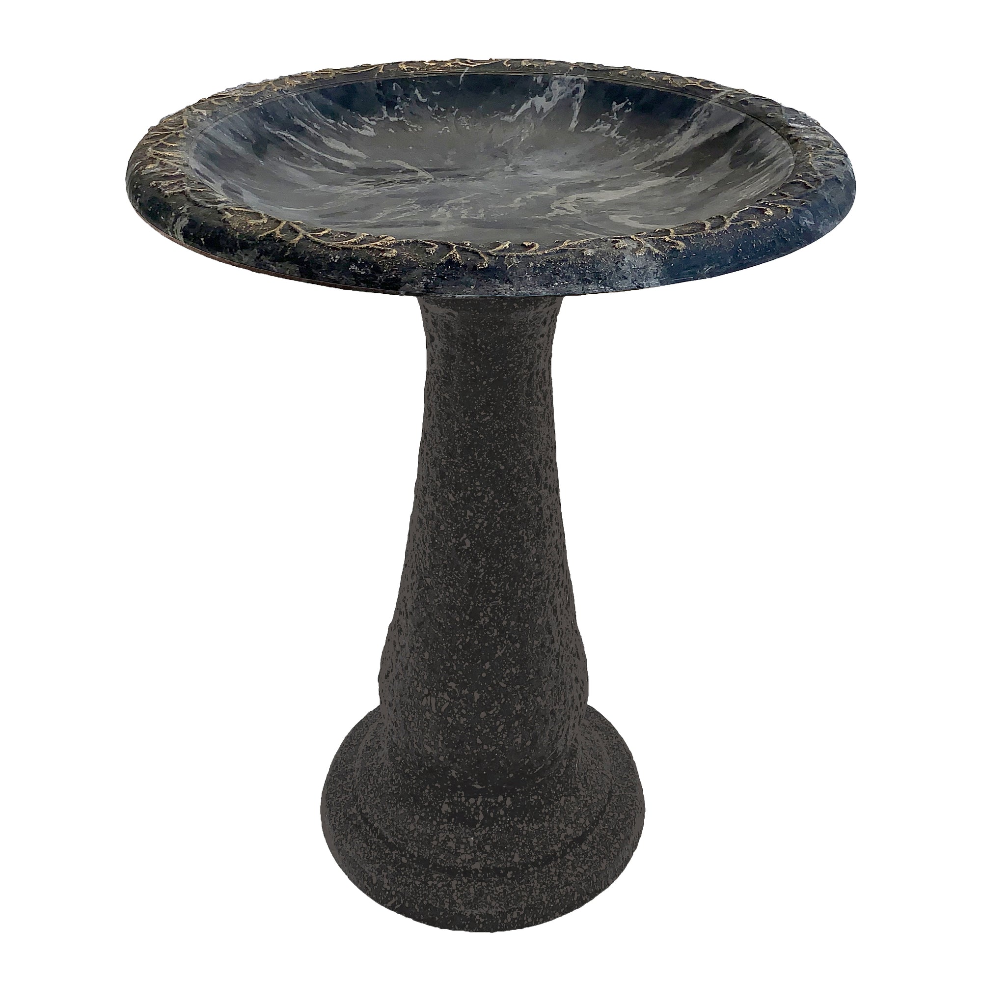 Charcoal Sand Fiber Clay Birdbath. Made of 70% clay, 25% plastic, and 5% fiber. Impact and shatter-resistant. UV protection. 19"D x 24"H 21"H base, 8 lbs.