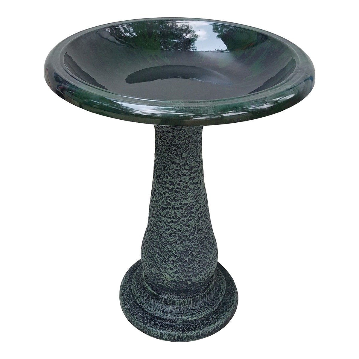 Hunter Green Fiber Clay Birdbath. Made of 70% clay, 25% plastic, and 5% fiber. Impact and shatter-resistant. UV protection. 19"D x 24"H 21"H base, 8 lbs.