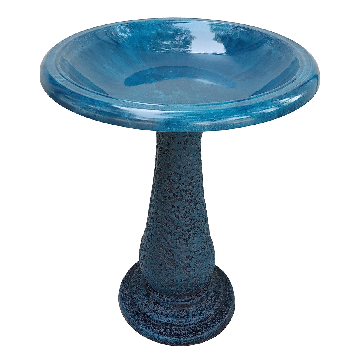 24" Azure Fiber Clay Birdbath. Made of 70% clay, 25% plastic, and 5% fiber. Impact and shatter-resistant. UV protection. 19"D x 24"H 21"H base, 8 lbs.