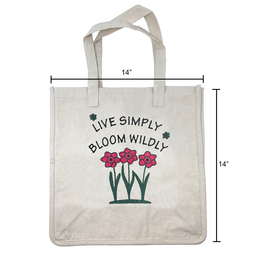 Canvas Reusable Tote Bag, Live Simply Bloom Wildly, 14&quot; x 14&quot; x 7&quot;