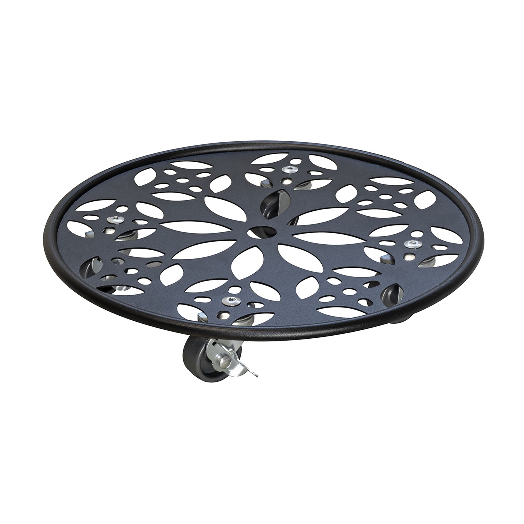 Black Round Flower Steel Plant Caddy with brakes. Water resistant. Flower design. 220 lbs capacity. 11.8"D x 2.25"H, 1.8 lbs.