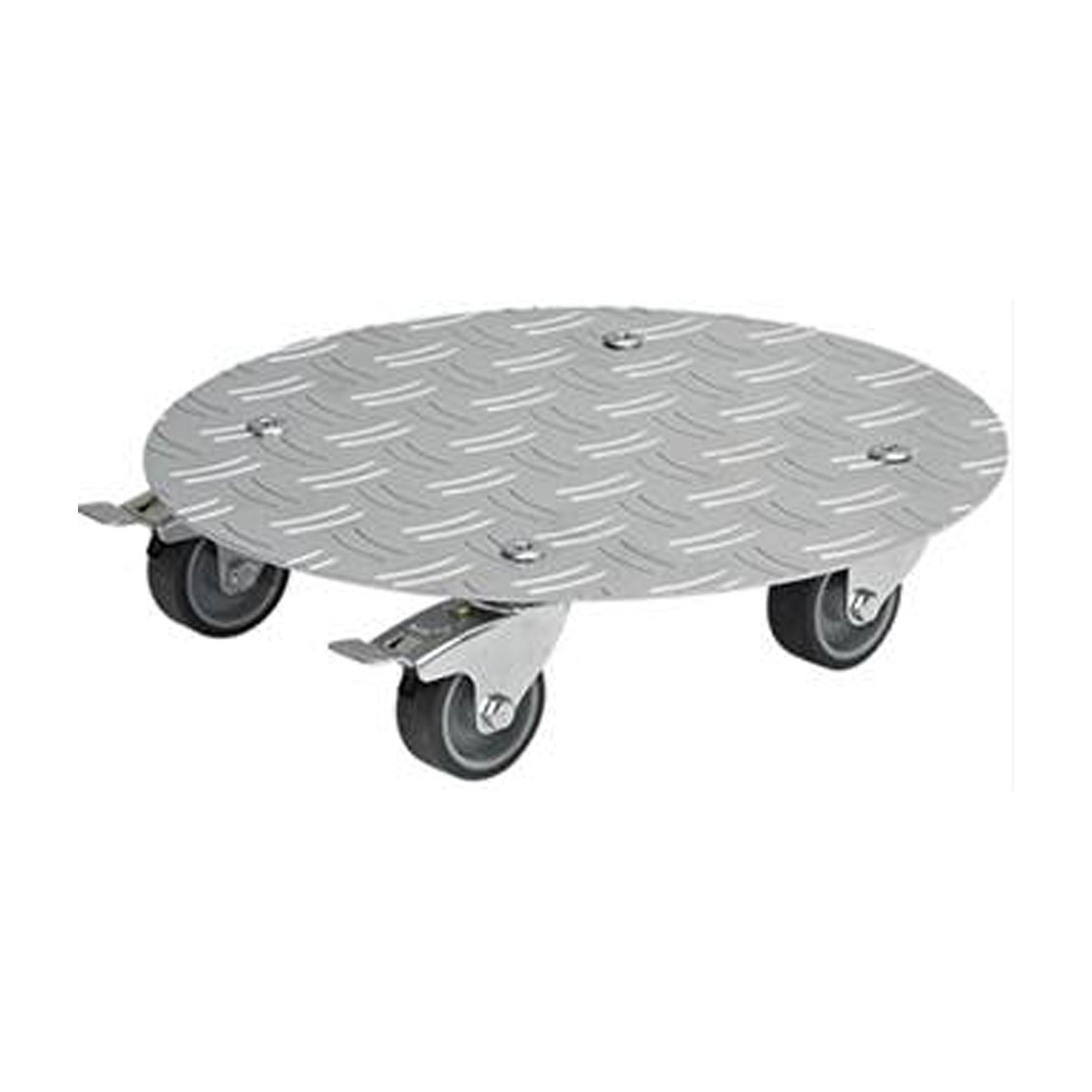 Silver Round Diamond Plated Aluminum Plant Caddy with brakes. 220 lbs capacity. 11.8"D x 2.75"H, 2.2 lbs.