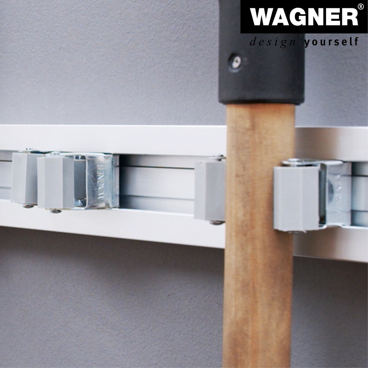 Garage garden tool storage organizer with big silver hook, ideal for efficient space-saving by WAGNER.