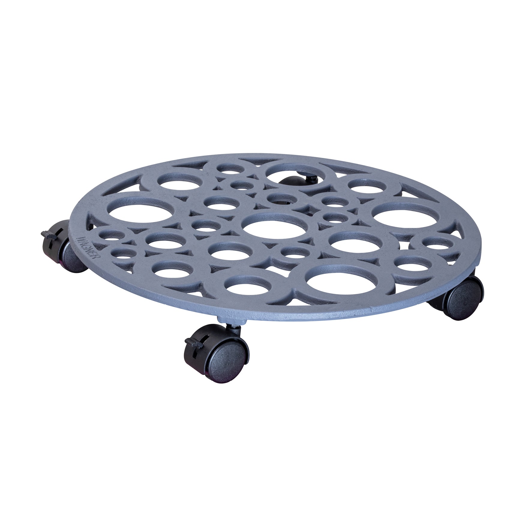 Pewter Round Cast Iron Plant Caddy with brakes. Water resistant. 165 lbs capacity 15" diameter. 