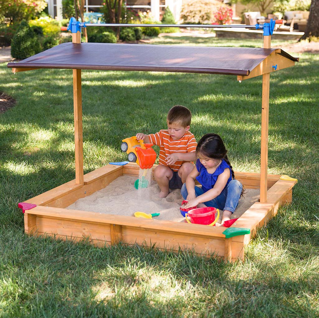 Children&#39;s Wooden Sandbox with Retractable Roof, 4.66 ft. W x 4.66 ft. L x 4.33 ft. H - Garden Your Way 