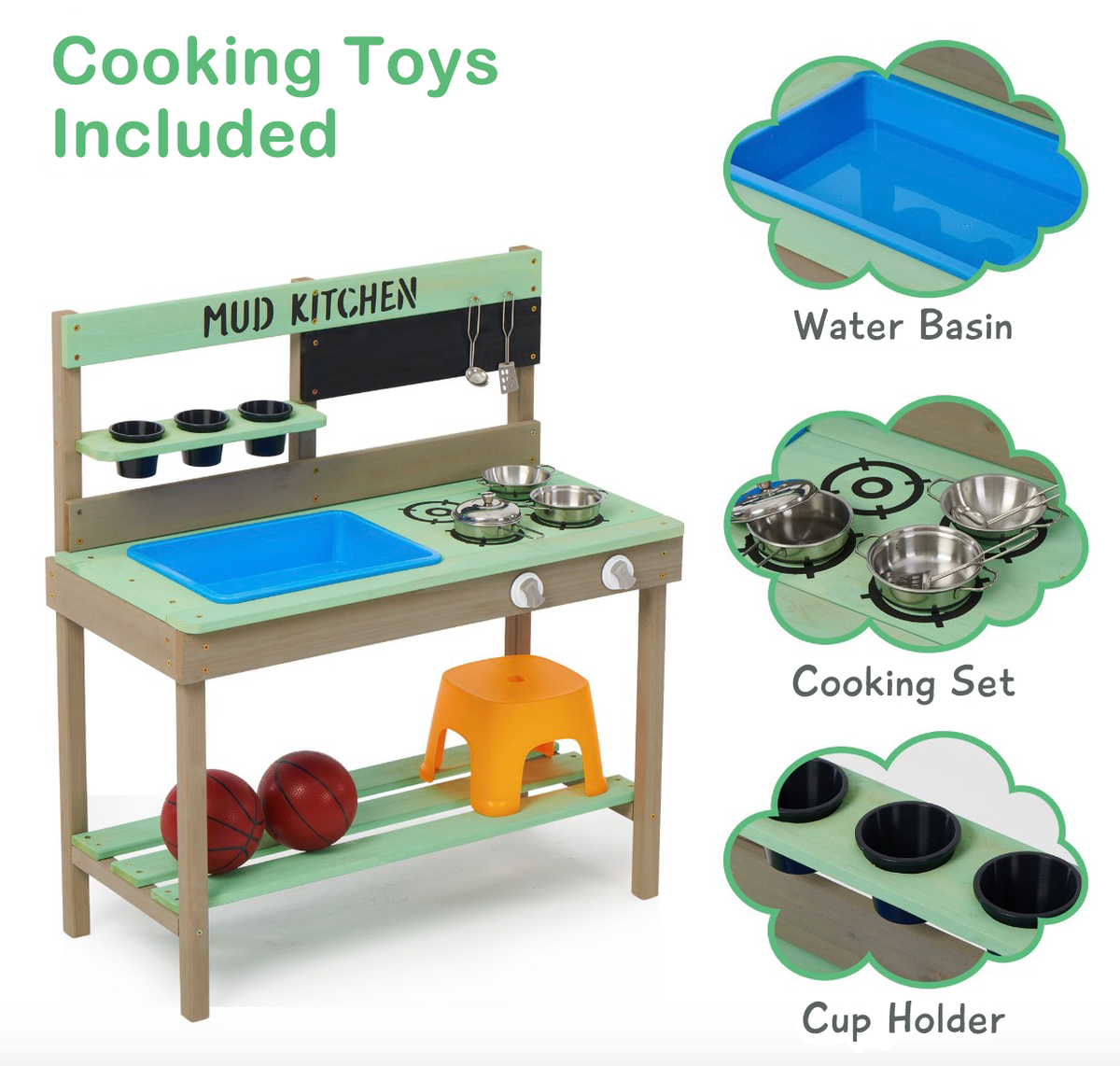 Wooden Mud Kitchen for Kids with Accessories, 31.5&quot; L x 15&quot; W x 35&quot; H, 16 lbs.