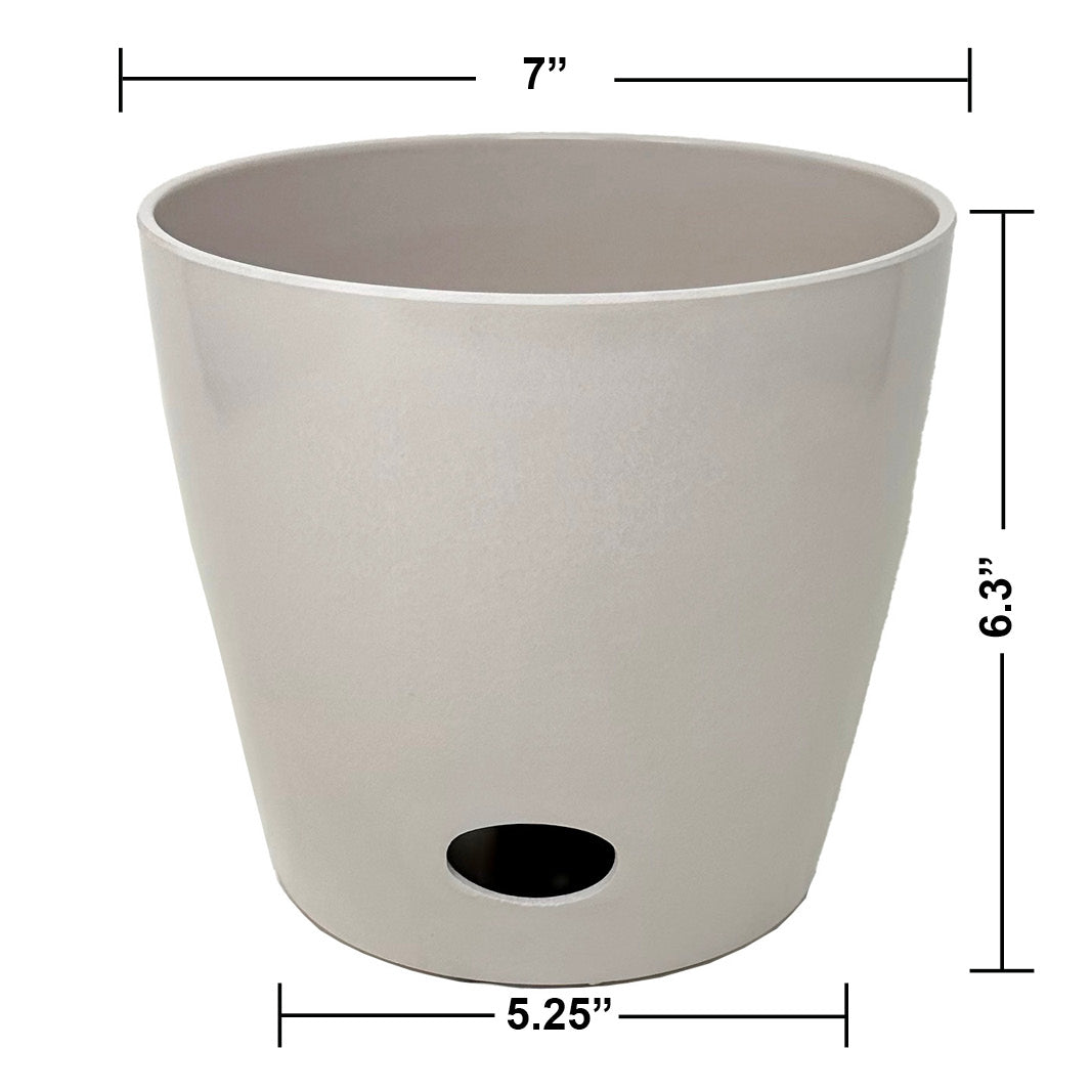 7&quot; cream round bamboo self-watering plant pot, eco-friendly and biodegradable, ideal for indoor/outdoor use.