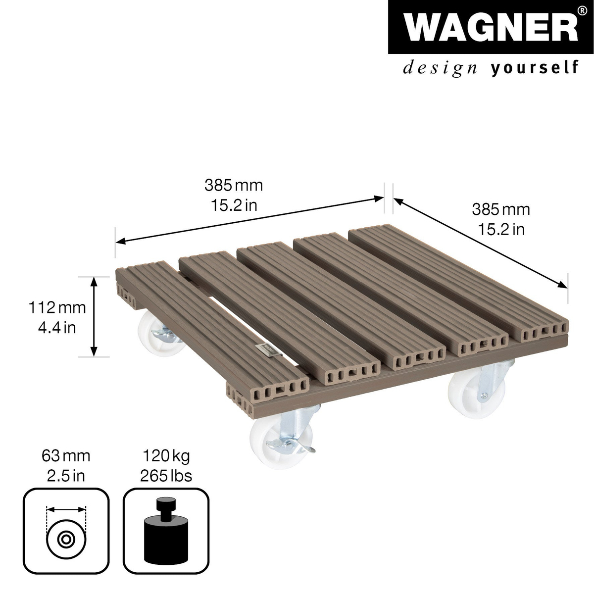 15.4&quot; taupe square WPC plant caddy with brakes, indoor/outdoor use, non-slip surface, heavy-duty casters, supports 265 lbs.