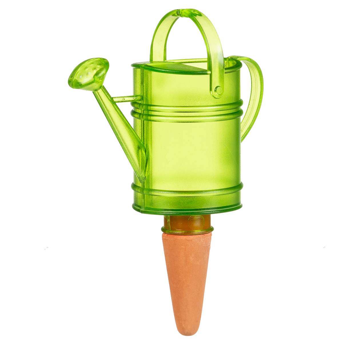 Green Nelly Water Reserve, 5 oz translucent plastic watering device with clay tip for indoor and outdoor plant hydration.