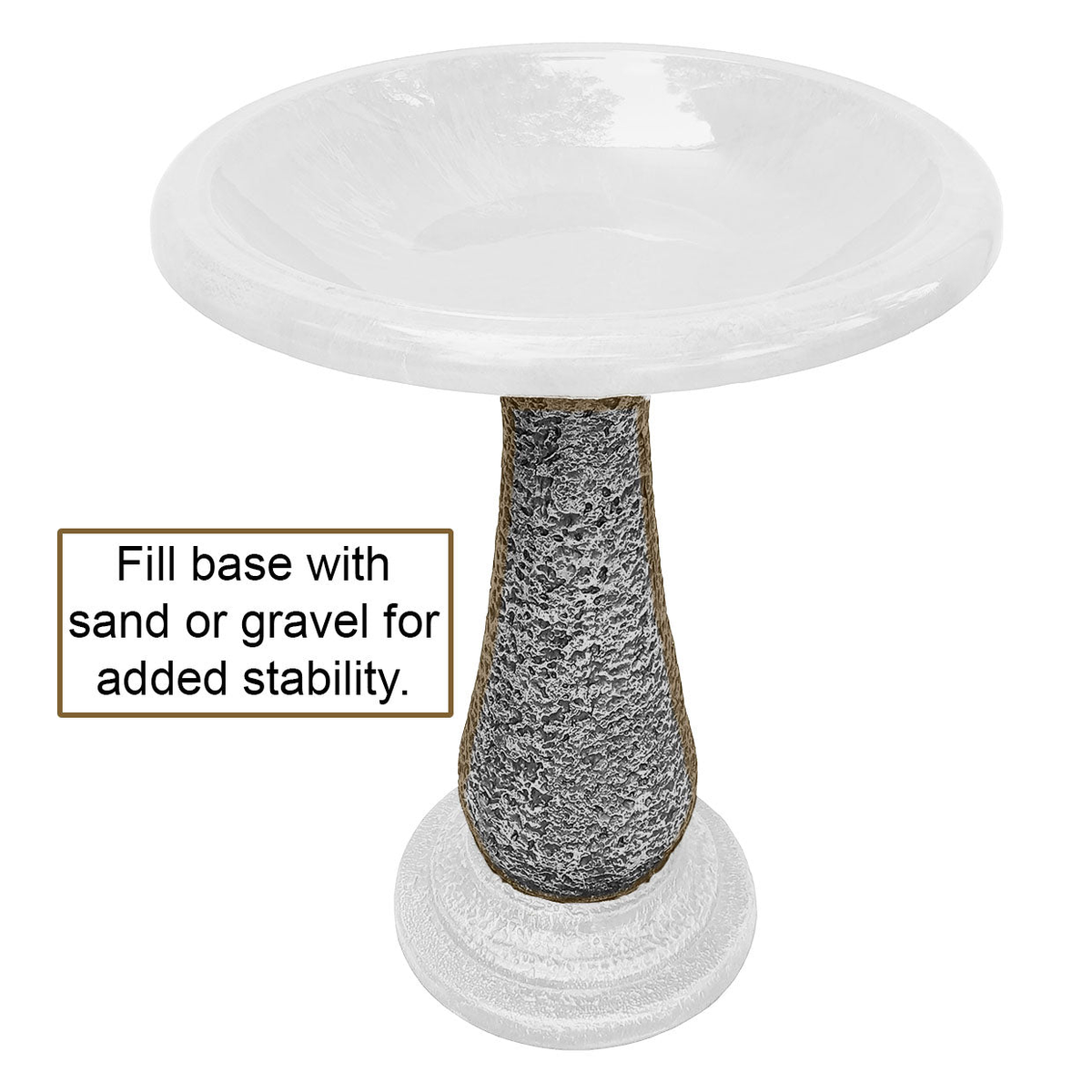 Fiber Clay 24&quot; birdbath with red/charcoal design rim, sturdy hollow base for stability.