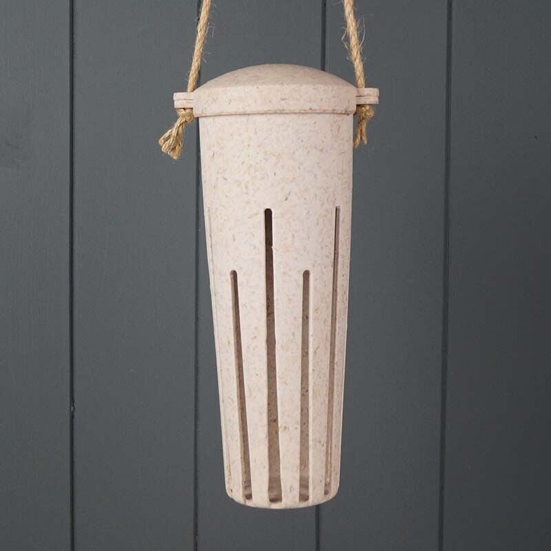 Earthy Sustainable Peanut Feeder made from chaff, measures 9.25 inches high by 3.25 inches diameter, frost-proof for indoor and outdoor use.