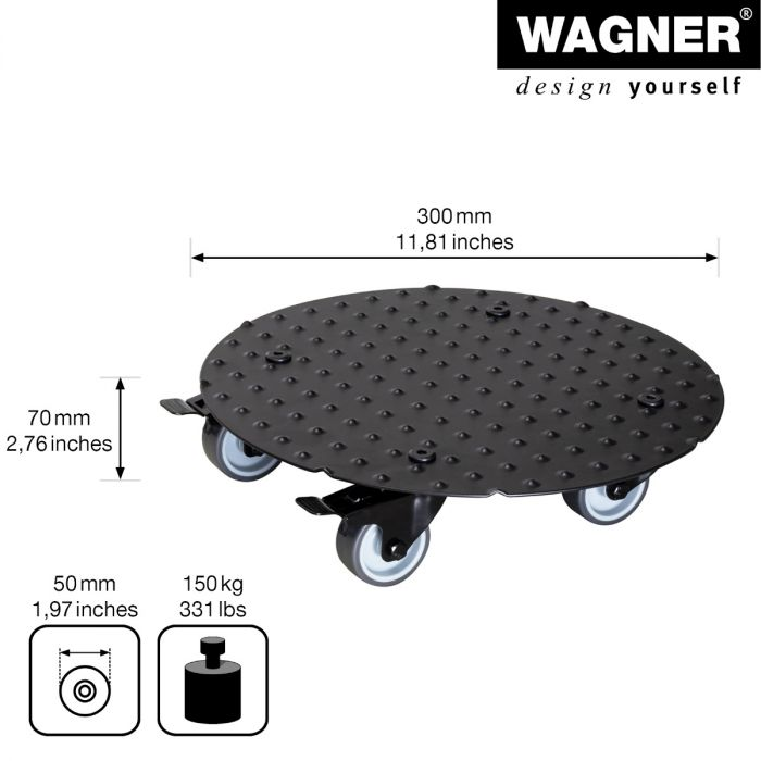 11.8&quot; black round aluminum plant caddy with brakes, durable diamond plated design, 331 lbs capacity, Wagner brand.