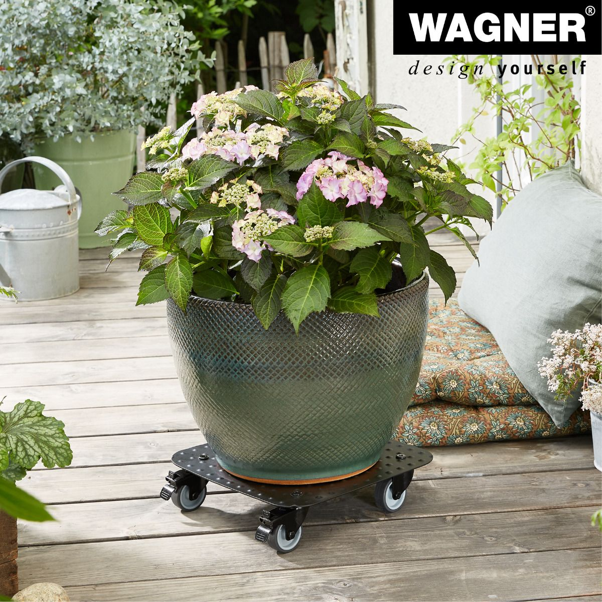 11.4&quot; black aluminum plant caddy with brakes, indoor/outdoor use, supports 331 lbs, Wagner quality.