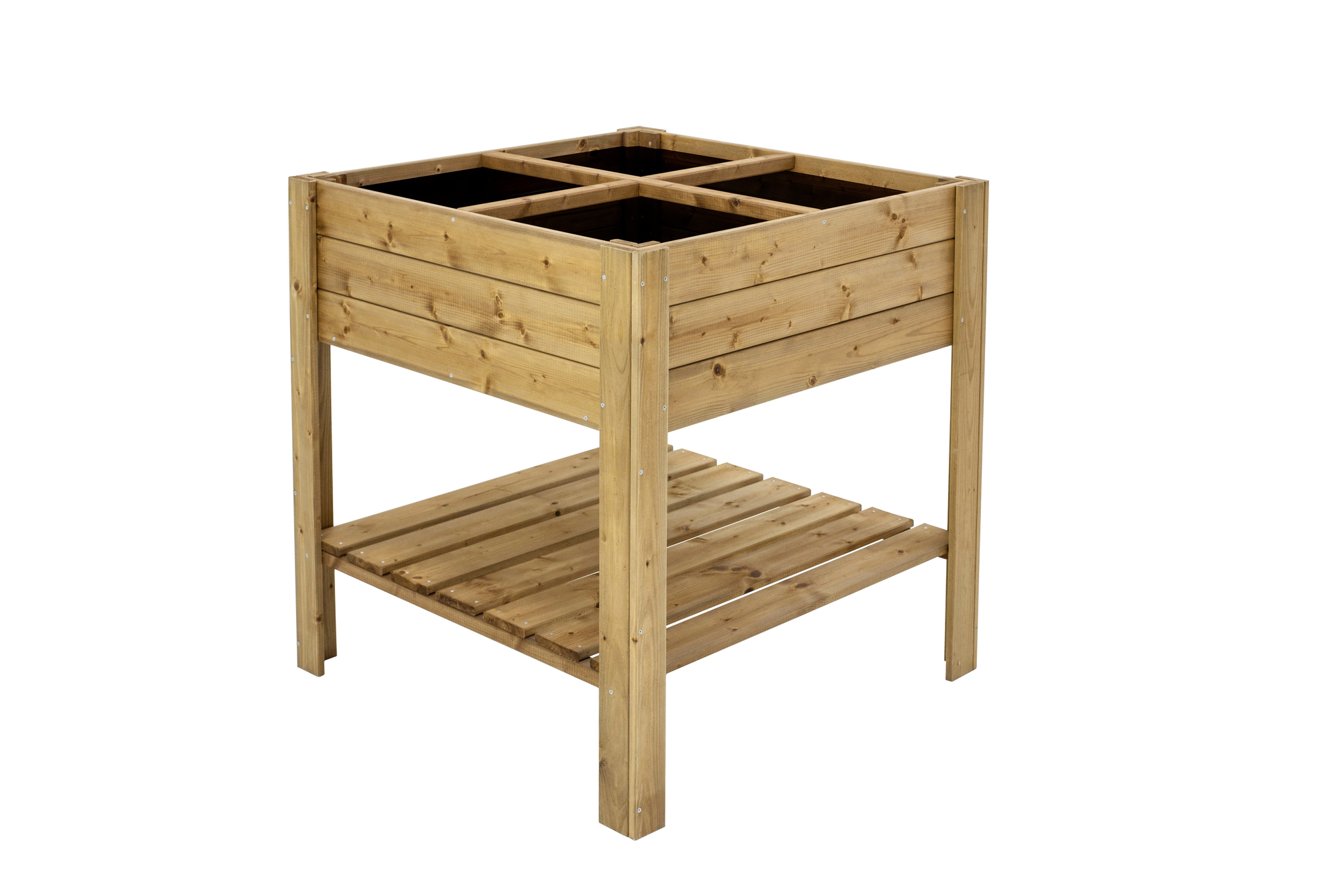 Square wooden raised garden bed with shelf, 32"x32"x35", 9.5" deep.