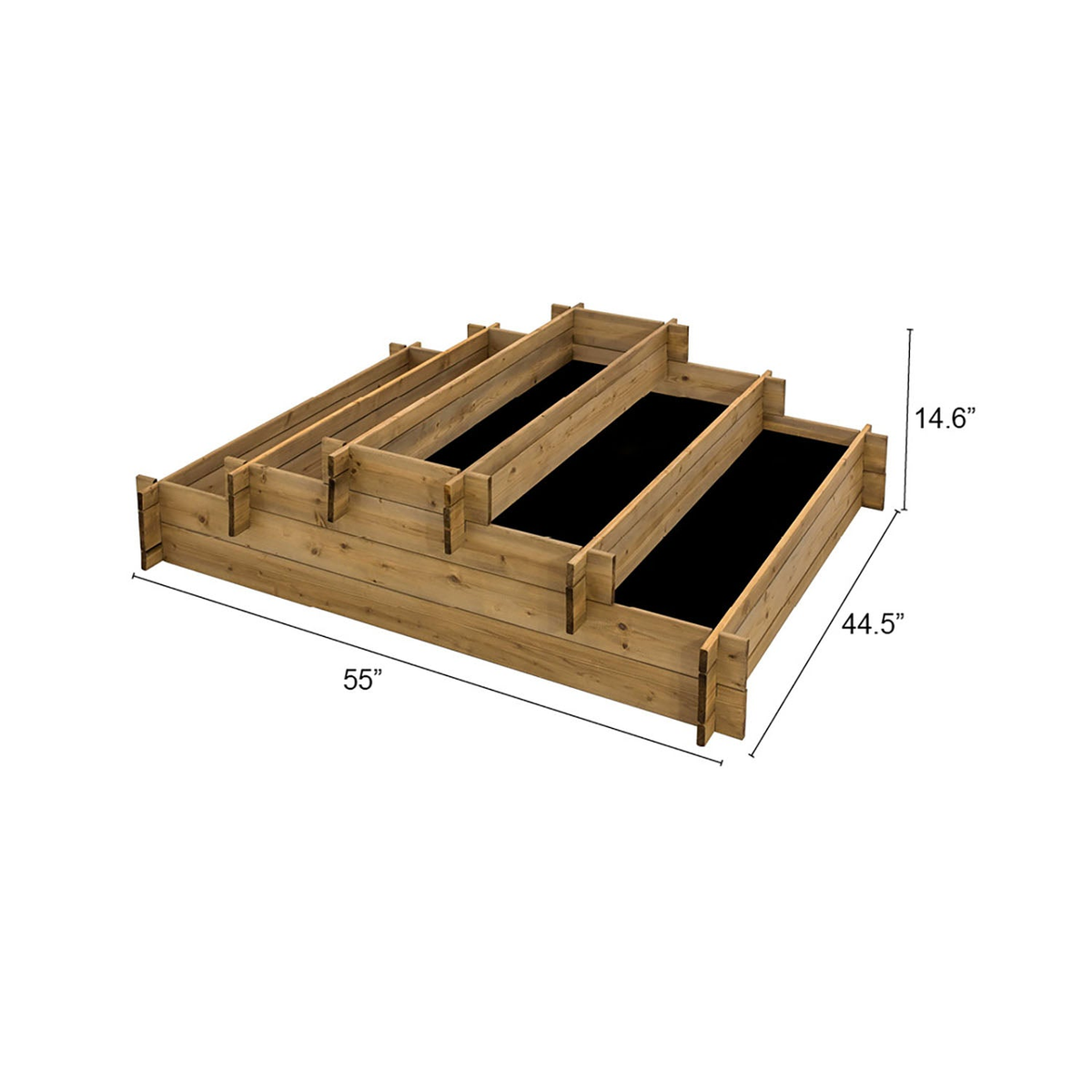 Tiered wooden raised garden bed, 55&quot;L x 44.5&quot;W x 14.6&quot;H, FSC-certified wood.