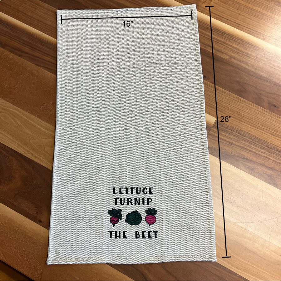 Kitchen Tea Towel with &quot;Lettuce Turnip the Beet&quot; design, 16x28 inches, eco-friendly cotton.