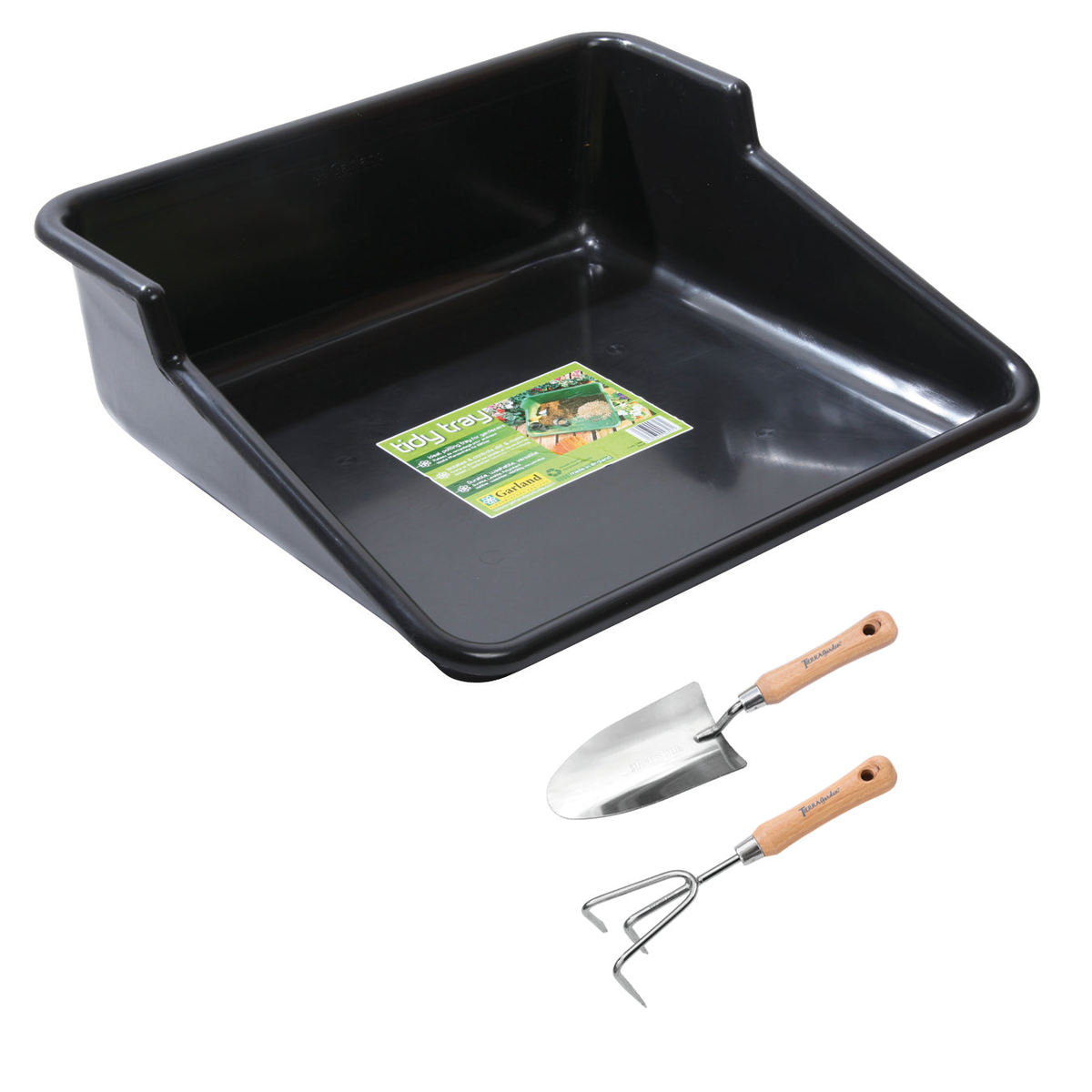 Garden Tidy Tray-Black with stainless steel trowel and cultivator featuring bamboo handles.