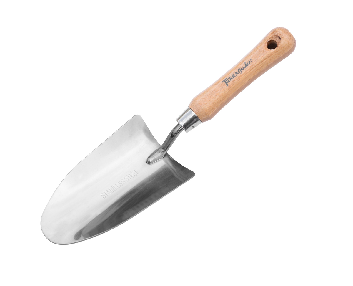 Garden Tidy Tray and stainless steel trowel with bamboo handle for indoor gardening.