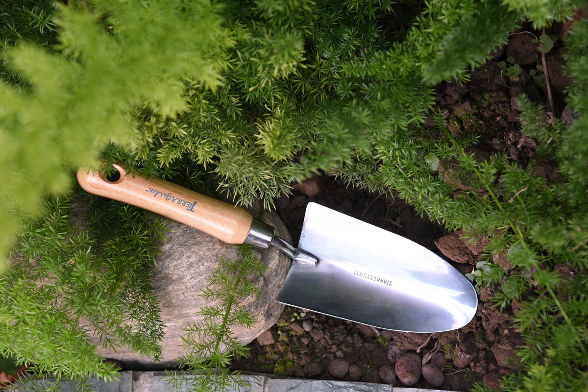 Garden Tidy Tray-Black with stainless steel trowel and bamboo handle in greenery.