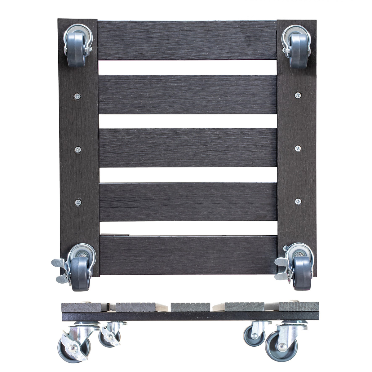 11.4&quot; gray square WPC plant caddy with brakes and heavy-duty casters, for indoor and outdoor use.