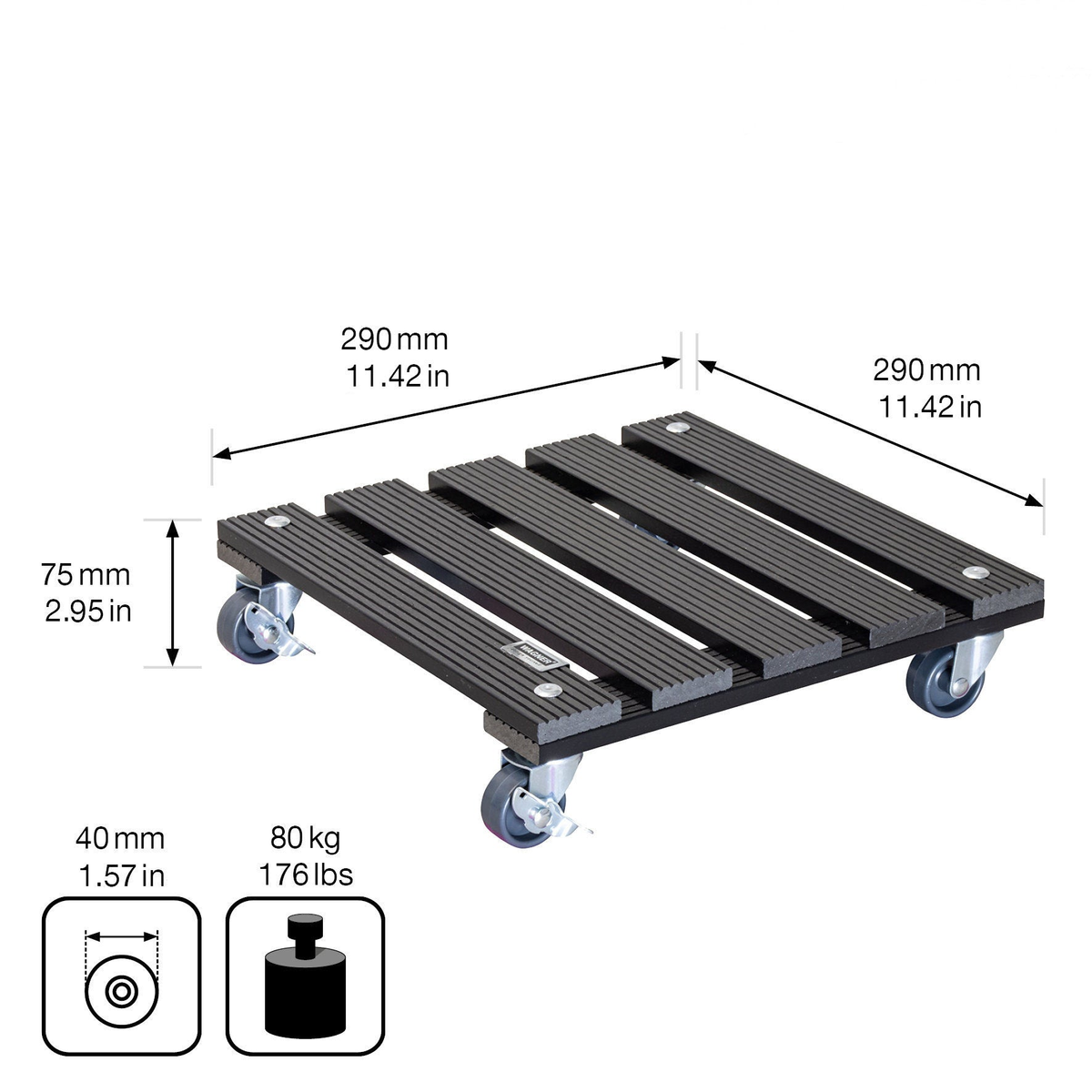 11.4&quot; gray square WPC plant caddy with brakes, indoor/outdoor use, water and UV-resistant.